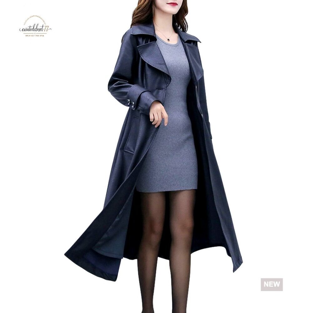 Women's Faux Leather Trench Coat with Lapel Collar, Knee Length Fit Flare